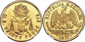 Republic gold 20 Pesos 1871 Oa-E MS62 NGC, Oaxaca mint, KM414.7. A lustrous, well-struck example of this very rare issue. Light marks are noted and a ...