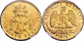 Republic gold 20 Pesos 1873 Cn-P MS62 NGC, Culiacan mint, KM414.2. Softly struck, with full luster and light hairlines. A very rare issue, with a mint...