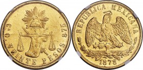 Republic gold 20 Pesos 1878-Cn MS61 NGC, Culiacan mint, KM414.2. Slightly soft strike and a few insignificant contact marks as is often found for this...