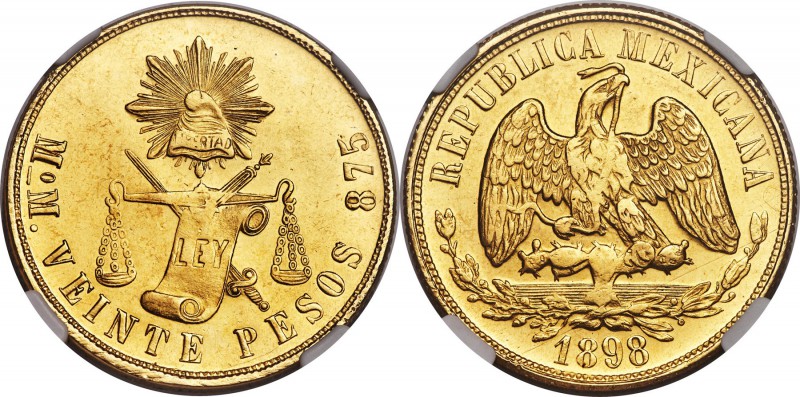 Republic gold 20 Pesos 1898 Mo-M MS63 NGC, Mexico City mint, KM414.6. Strong, lu...