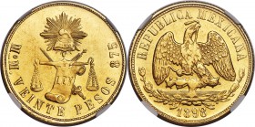 Republic gold 20 Pesos 1898 Mo-M MS63 NGC, Mexico City mint, KM414.6. Strong, lusterous prooflike fields with a rich honey-gold tone.

HID09801242017
