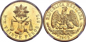 Republic gold 20 Pesos 1905 Mo-M MS62 NGC, KM414.6. A fine example of the type with an especially bold strike and prooflike fields.

HID09801242017