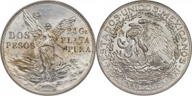 Estados Unidos 2 Pesos 1921-Mo MS65 PCGS, Mexico City mint, KM462. Strong, radiating cartwheel luster with mostly blast white coloration, the exceptio...