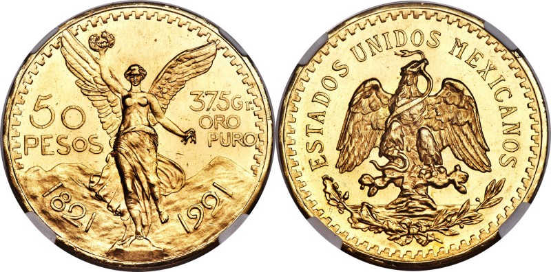 Estados Unidos gold 50 Pesos 1921 MS64 NGC, Mexico City mint, KM481. The coveted...