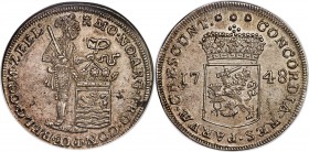 Zeeland. Provincial silver Piefort Ducat 1748 MS61 NGC, KM52.2, Dav-1836. Obv. Standing knight holding shield of Zeeland. Rev. Crowned crest dividing ...