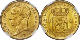 Willem I gold 10 Gulden 1828-B MS65 NGC, Brussels mint, KM56. An alluringly bold and well struck piece, possessing a satiny luster and attractive gold...
