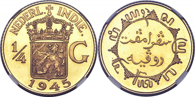 Dutch Colony. Wilhelmina gold Proof Off-Metal Strike 1/4 Guilder 1945 PR68 Ultra...