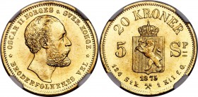Oscar II gold 20 Kroner (5 Speciedaler) 1875 MS65 NGC, KM348. Full, bold strike with brilliant gem fields and attractive honey-gold color. A scarce tw...