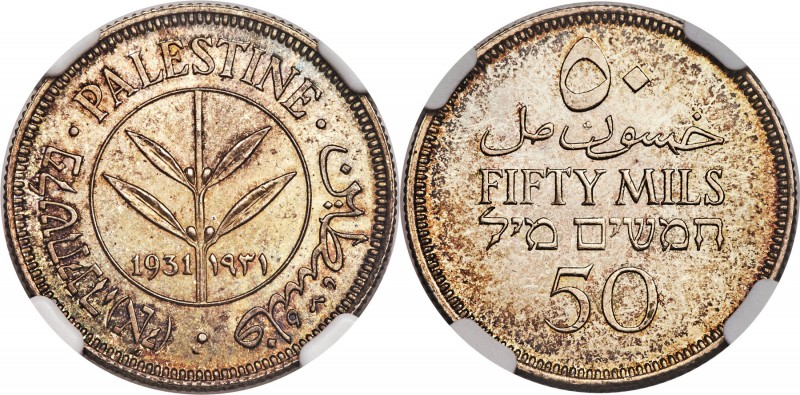British Mandate 50 Mils 1931 MS65 NGC, KM6. The key date for the 50 Mils series,...