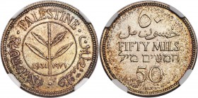British Mandate 50 Mils 1931 MS65 NGC, KM6. The key date for the 50 Mils series, represented here in unique gem-level preservation - this specimen is ...