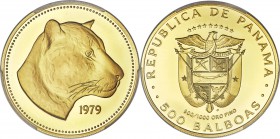 Republic gold Proof "Golden Jaguar" 500 Balboas 1979-FM PR68 Deep Cameo PCGS, Philadelphia (Franklin) mint, KM62. Ultra satiny devices standing over m...