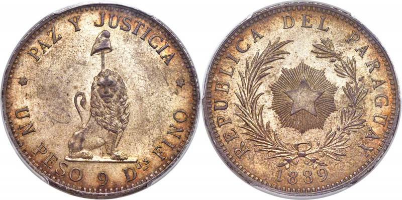 Republic Peso 1889 MS63+ PCGS, Buenos Aires mint, KM5. An impressively original ...