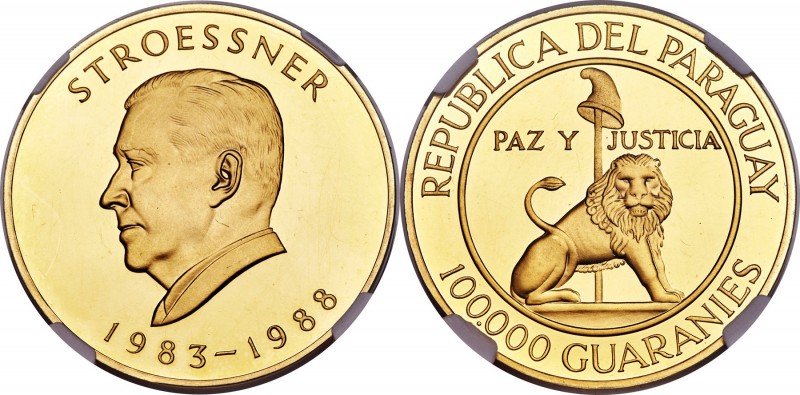 Republic gold Proof "Stroessner" 100000 Guaranies ND (1983-88) PR62 Ultra Cameo ...