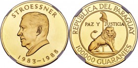 Republic gold Proof "Stroessner" 100000 Guaranies ND (1983-88) PR62 Ultra Cameo NGC, KM170. A massive gold coin commemorating the 7th term of Presiden...
