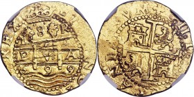 Charles II gold Cob 8 Escudos 1699 L-R AU55 NGC, Lima mint, KM26.1, Cal-10. From the 1715 Plate Fleet. Lustrous, somewhat doubly struck on the obverse...