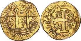 Philip V gold Cob 8 Escudos 1710 L-H MS62 NGC, Lima mint, KM38.2, Fr-7. From the 1715 Plate Fleet. A captivating Mint State Cob with an abundance of d...