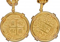 Philip V gold Cob 8 Escudos Necklace with Gold Chain and Mount 1713 L-M AU, Lima mint, KM38.2. An immensely alluring example of this earlier Cob 8 Esc...