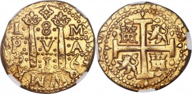 Philip V gold Cob 8 Escudos 1716 L-M AU Details (Rim Filing) NGC, Lima mint, KM38.2, Cal-28, Onza-250. An outstanding coin, scarcely ever encountered ...