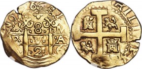 Philip V gold Cob 8 Escudos 1726 L-M AU55 NGC, Lima mint, KM38.2, Cal-284. A well-defined example of high production quality (aside from a crack at 11...