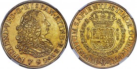 Ferdinand VI gold 8 Escudos 1752 LM-J AU58 NGC, Lima mint, KM50, Fr-16. Borderline Mint State with lustrous fields and a sharp, bold strike. The first...