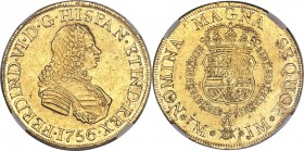 Ferdinand VI gold 8 Escudos 1756 LM-JM AU58 NGC, Lima mint, KM59.1. A quite scarce type in a short three-year series. A charming example, a couple of ...