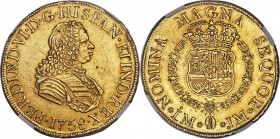 Ferdinand VI gold 8 Escudos 1758 LM-JM AU53 NGC, Lima mint, KM59.2. A bold, well-centered example with a hint of rose toning in the recesses. A small ...