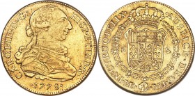 Charles III gold 8 Escudos 1778 LM-MJ XF45 NGC, Lima mint, KM82.1. A better earlier type, lacking adjustment marks that are frequently seen. A hint of...