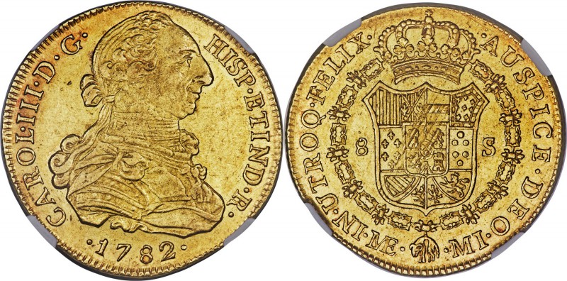 Charles III gold 8 Escudos 1782 LM-MI MS61 NGC, Lima mint, KM82.1. Nice strike w...