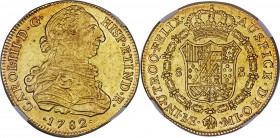 Charles III gold 8 Escudos 1782 LM-MI MS61 NGC, Lima mint, KM82.1. Nice strike with light peripheral toning and underlying luster. Not often encounter...
