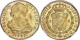 Charles III gold 8 Escudos 1783 LM-MI MS60 NGC, Lima mint, KM82.1, Fr-32. A late Charles III date, very difficult to obtain in Mint State. Contact mar...