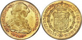 Charles III gold 8 Escudos 1786 LM-MI XF45 NGC, Lima mint, KM82.1a. Good luster and deep bluish-rose hues of toning towards the peripheries.

HID09801...