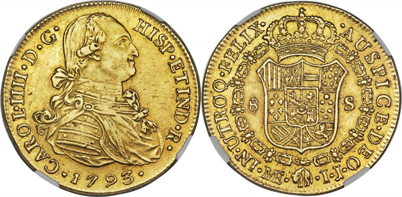 Charles IV gold 8 Escudos 1793 LM-IJ AU55 NGC, Lima mint, KM101. A well struck e...