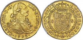 Charles IV gold 8 Escudos 1793 LM-IJ AU55 NGC, Lima mint, KM101. A well struck example having a fine-style portrait with light rose toning in the rece...