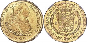 Charles IV gold 8 Escudos 1793 LM-IJ AU50 NGC, Lima mint, KM101. A nice lustrous specimen with well-struck details on both sides, a premium coin for t...