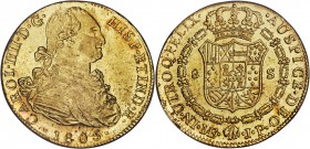 Charles IV gold 8 Escudos 1805 LM-JP MS62 NGC, Lima mint, KM101. Light rose toning under the legends around the peripheries, attractive deep luster in...