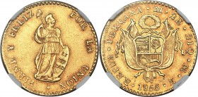 Republic gold 2 Escudos 1855 LM-MB AU58 NGC, Lima mint, KM149.2. Light rose toning around the devices and near the periphery, only faint traces of han...