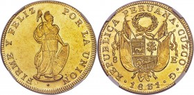 Republic gold 8 Escudos 1831 CUZCO-G MS63 NGC, Cuzco mint, KM148.2. Resplendent prooflike surfaces, solid luster and bold details. Very rare in this s...