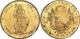Republic gold 8 Escudos 1853 LIMA-MB MS61 NGC, Lima mint, KM148.4. The scarcest date of this short-lived three-year type. Some typical die wear noted,...