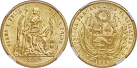 Republic gold 8 Escudos 1863 LIMA-YB MS63 NGC, Lima mint, KM183, Fr-68. The final date in this highly-collected series and very seldom offered in choi...