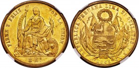 Republic gold 8 Escudos 1863 LIMA-YB MS62 NGC, Lima mint, KM183. Saffron-gold with a satiny spiral luster.

HID09801242017