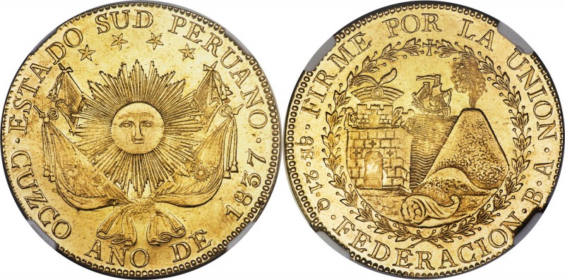 South Peru. Republic gold 8 Escudos 1837-BA MS61 NGC, Cuzco mint, KM167. A rarel...