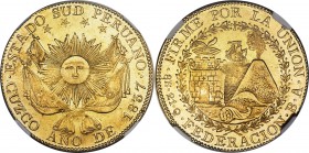 South Peru. Republic gold 8 Escudos 1837-BA MS61 NGC, Cuzco mint, KM167. A rarely encountered Mint State example, with vibrant luster and remarkably w...