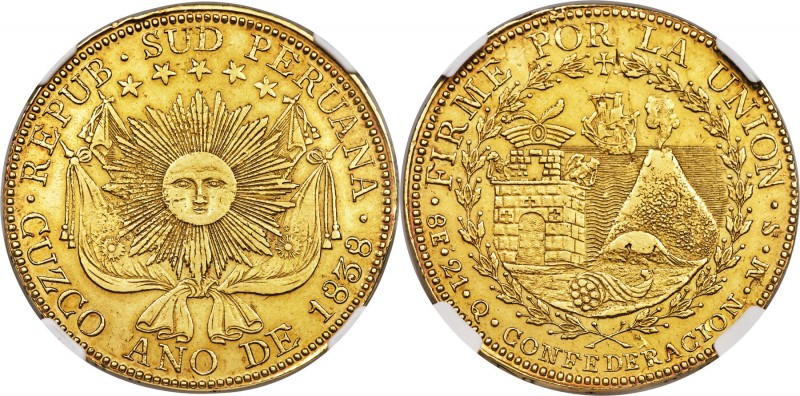 South Peru. Republic gold 8 Escudos 1838-MS AU Details (Cleaned) NGC, Cuzco mint...