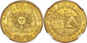 South Peru. Republic gold 8 Escudos 1838-MS AU Details (Cleaned) NGC, Cuzco mint, KM171. Despite the noted cleaning, still quite a lovely piece with o...