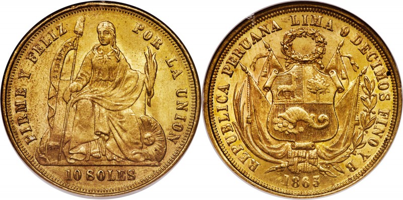 Republic gold 10 Soles 1863 LIMA-YB MS63 NGC, Lima mint, KM193. Light toning and...