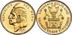 Republic gold "Inca" 50 Soles 1931 MS60 NGC, KM219. Well struck and with reflective surfaces, although the coin has a light overall speckling of frict...