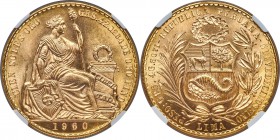 Republic gold 100 Soles 1960 MS67 NGC, Lima mint, KM231. Spiral satiny luster with sublimely reflective fields. Elusive in this grade with none finer ...