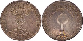 Spanish Colony. Isabel II Counterstamped 8 Reales ND (1834-7) AU55 NGC, KM108. Type VI counterstamp. Crowned "YII" counterstamp upon Chile Volcano Pes...