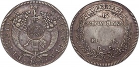 Spanish Colony. Isabel II Counterstamped 8 Reales ND (1837) XF40 NGC, KM109, Basso-43. Type VI Crowned Y.II. countermark on an 1835-Ba RS Colombia 8 R...