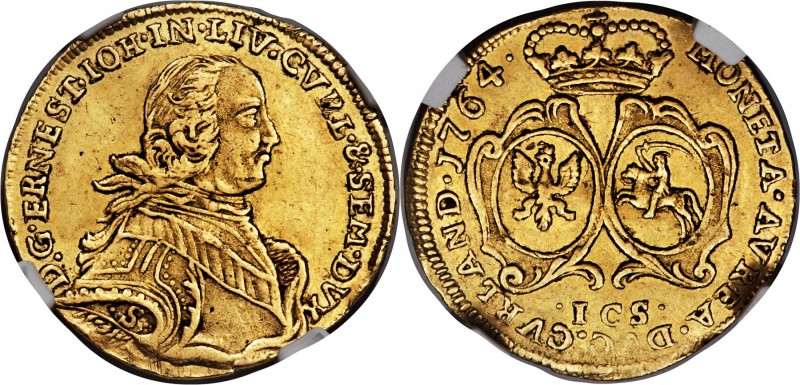 Courland. Ernst Johann Biron gold Ducat 1764-ICS AU53 NGC, Mitau mint, KM30, Fr-...